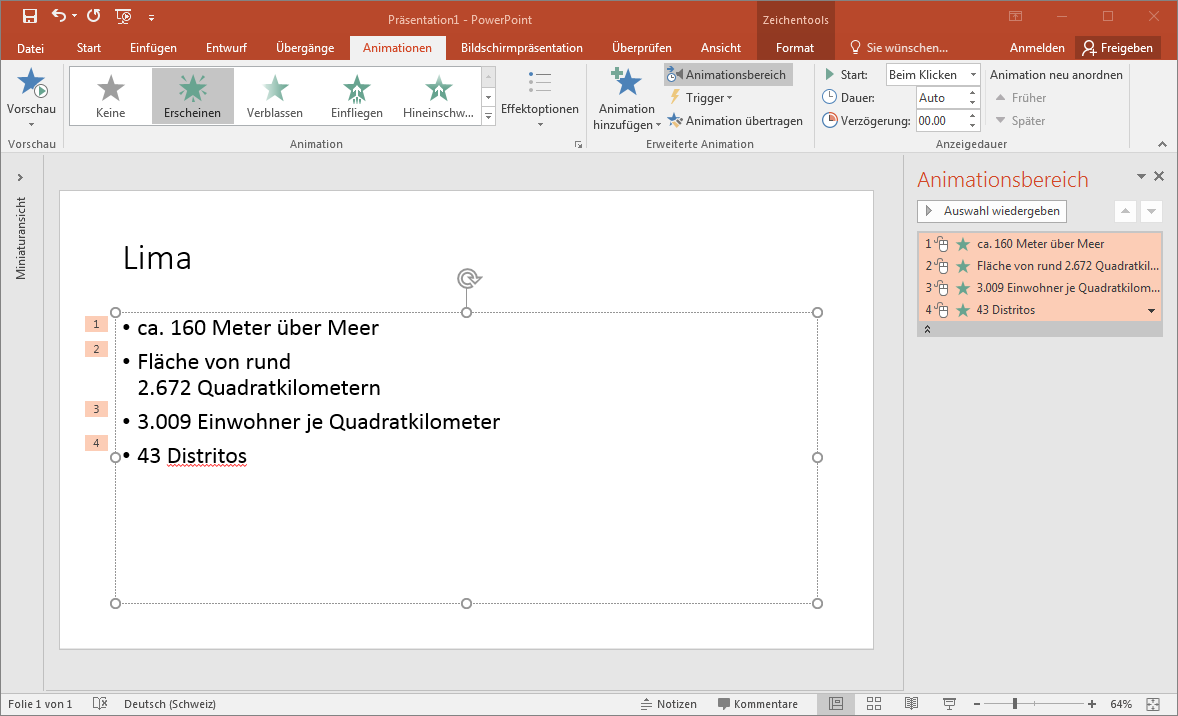 Powerpoint mit Menuband «Animationen» und «Animationsbereich»