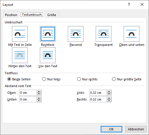 Layouteinstellungen «Textumbruch»