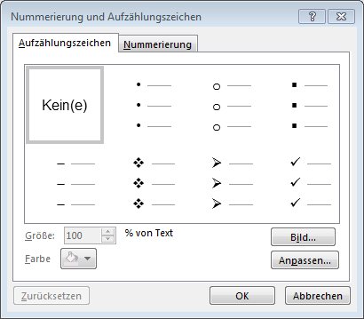 Fenster «Nummerierung und Aufzählungszeichen»