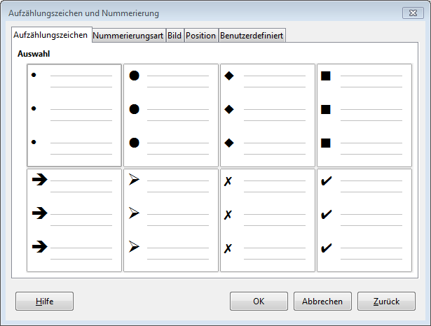 Fenster «Aufzählungszeichen und Nummerierung»