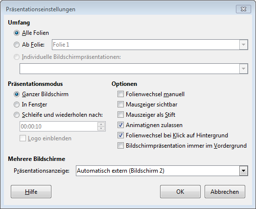 Fenster «Präsentationseinstellungen»