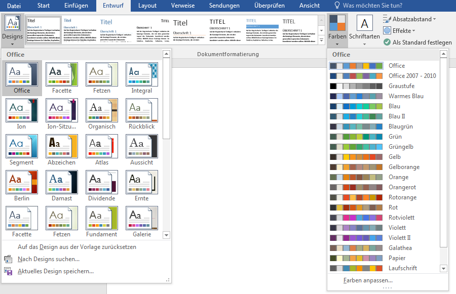 Formatvorlagensätze (Designs) und Farbvariationen