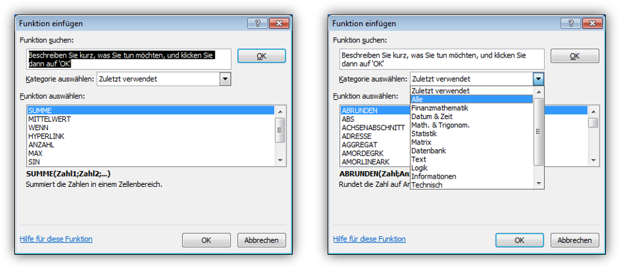 Funktionen nach Themen aufgelistet