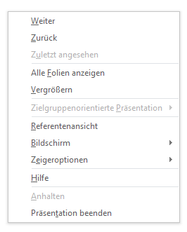 Kontextmenu bei Rechtsklick auf laufende Präsentation