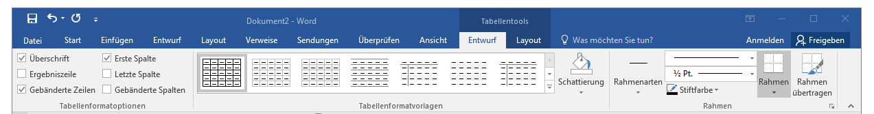 Tabellentools «Entwurf»